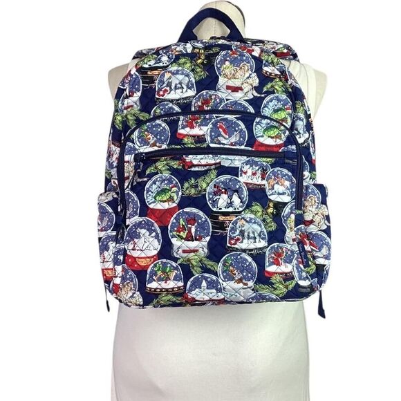 Vera Bradley Campus Backpack Blue Holiday Winter Snow Globes Quilted Cotton NEW - Picture 1 of 11